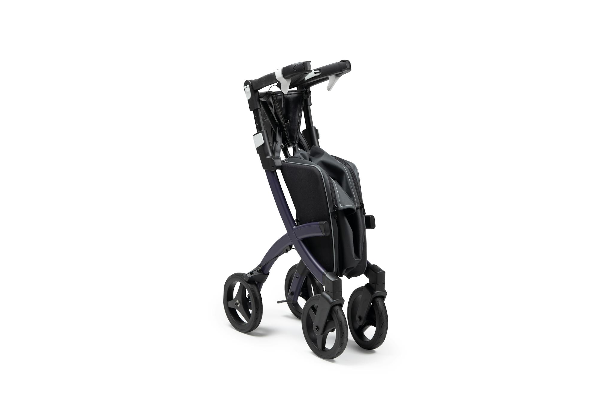 A sleek, folded mobility aid rollator captured on a white background, perfect for healthcare and lifestyle visuals.