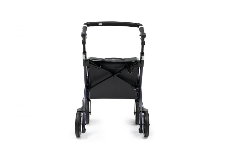 Black mobility walker with four wheels, isolated on a white background.