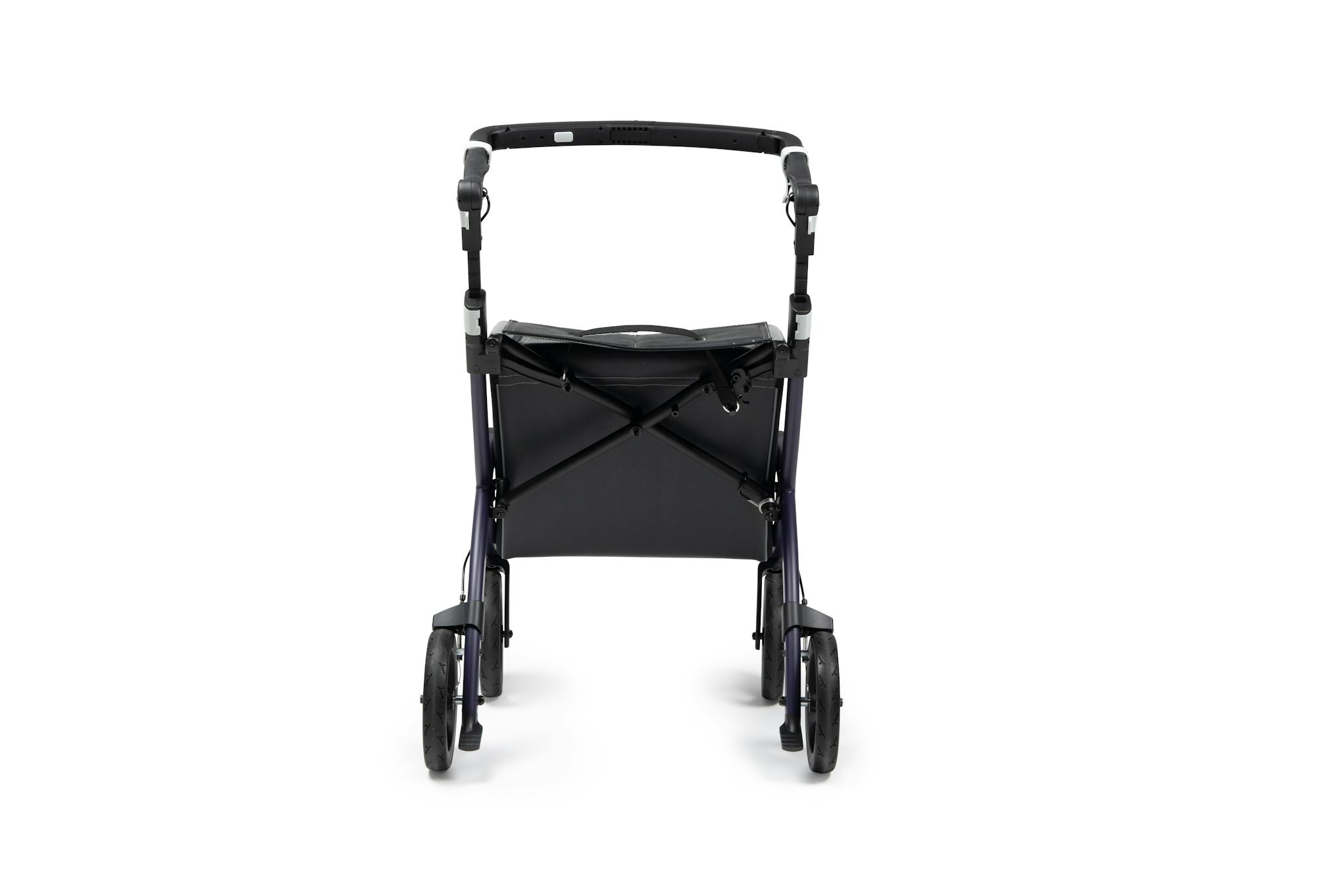 Black mobility walker with four wheels, isolated on a white background.